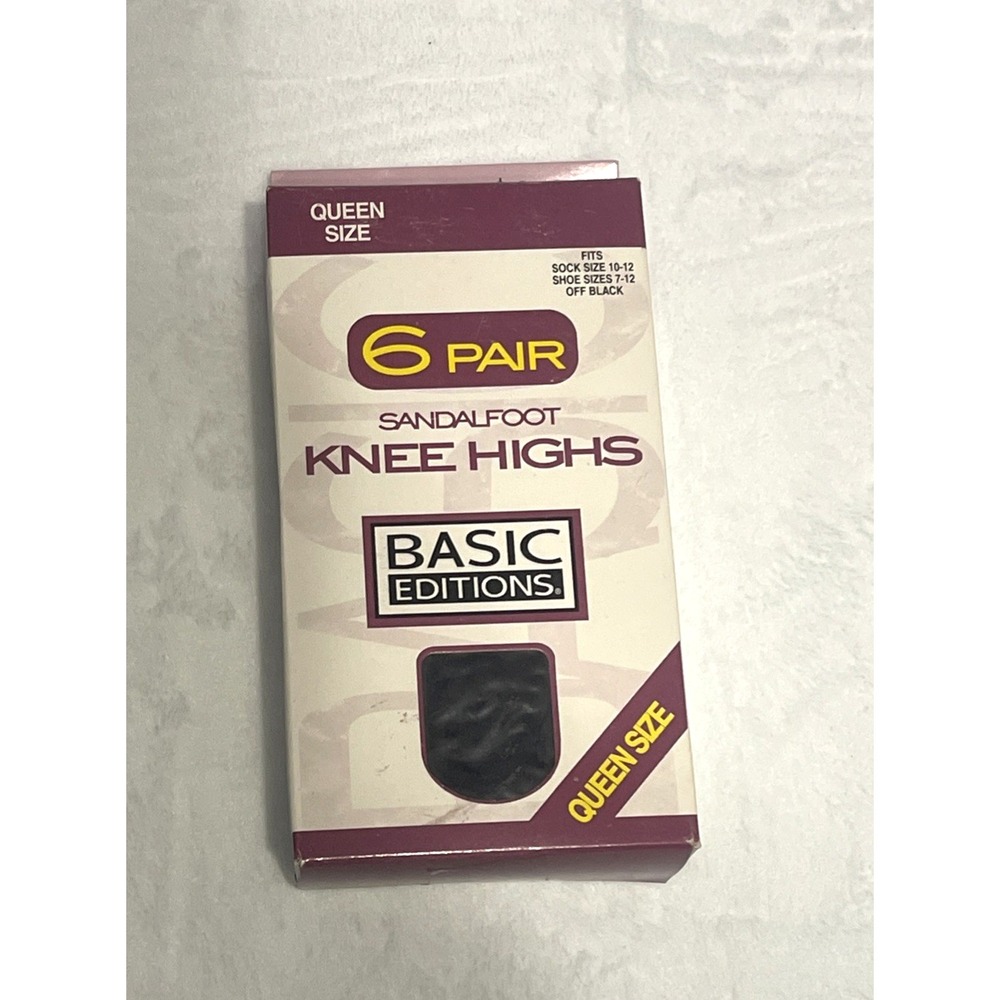 Vtg 6pr Nylon Sandalfoot Knee High Queen Size By Basic Editions K-Mart Off Black